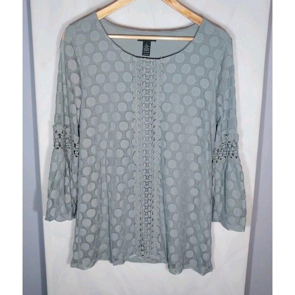 Alfani Gray Swiss Dot Mesh Blouse L Crochet Lace Trim Sheer Lined 3/4 Sleeve